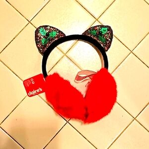 NWT Women's Christmas Earmuffs Headband Cat Ears Red Fur Holly Berries Glitter